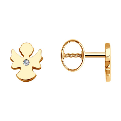 Серьги из золота, Красное золото металл, проба 585, 2  Фианит недраг Круг 1,25