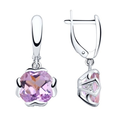 Серьги из серебра, Родированное серебро металл, проба 925, 2  Аметист Круг 10 ; 6  Фианит недраг Круг 1,5