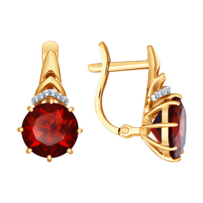 Серьги из золота, Красное золото металл, проба 585, 2  Гранат Круг 8 ; 14  Фианит Круг 0,8