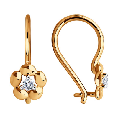 Серьги из золота, Красное золото металл, проба 585, 2  Фианит недраг Круг 1,75