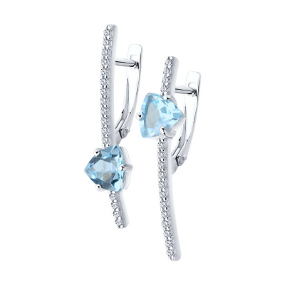 Серьги из серебра, Родированное серебро металл, проба 925, 2   Топаз Триллион 7*7 ; 32   Фианит недраг Круг 1,25