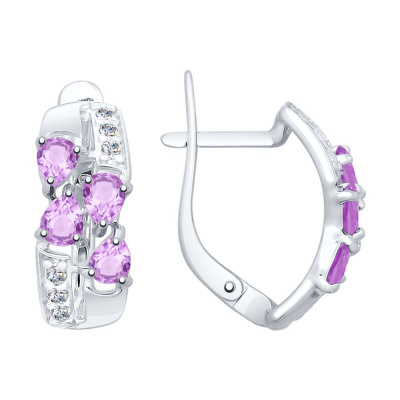 Серьги из серебра, Родированное серебро металл, проба 925, 8  Аметист Груша 4*3 ; 12  Фианит недраг Круг 1,5