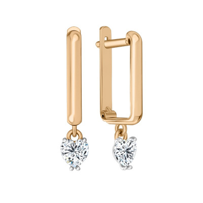 Серьги из золота, Красное золото металл, проба 585, 2 Фианит 0,324, 2 Фн сердце 5.0*5.0 0.324