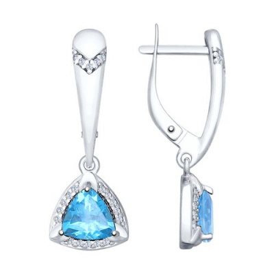 Серьги из серебра, Родированное серебро металл, проба 925, 2  Топаз Триллион 7*7 ; 40  Фианит Круг 1