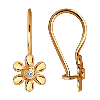 Серьги из золота, Красное золото металл, проба 585, 2  Фианит недраг Круг 1,25