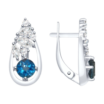 Серьги из серебра, Родированное серебро металл, проба 925, 2  Топаз Круг 5 ; 6  Фианит недраг Круг 1,75 ; 2  Фианит недраг Маркиз 5*2,5 ; 4  Фианит недраг Марк