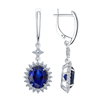 Серьги из серебра, Родированное серебро металл, проба 925, 2   Корунд синт.недраг Овал 11*9 ; 48   Фианит недраг Круг 1,75