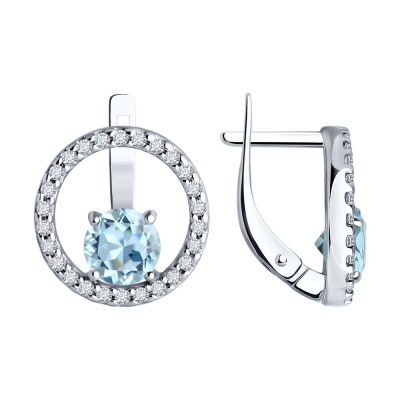 Серьги из серебра, Родированное серебро металл, проба 925, 2   Топаз Круг 6 ; 52   Фианит недраг Круг 1,25