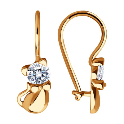 Серьги из золота, Красное золото металл, проба 585, 2  Фианит недраг Круг 3,5
