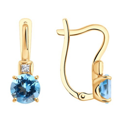 Серьги из золота, Красное золото металл, проба 585, 2  Топаз Круг 6 ; 2  Фианит недраг Круг 1,5