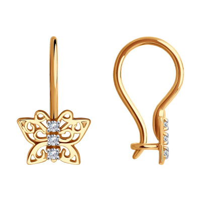 Серьги из золота, Красное золото металл, проба 585, 6  Фианит недраг Круг 1,25