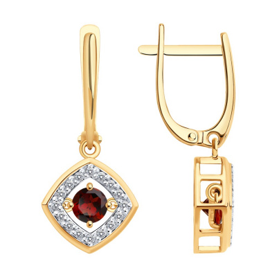 Серьги из золота, Красное золото металл, проба 585, 2   Гранат Круг 4 ; 32   Фианит недраг Круг 1