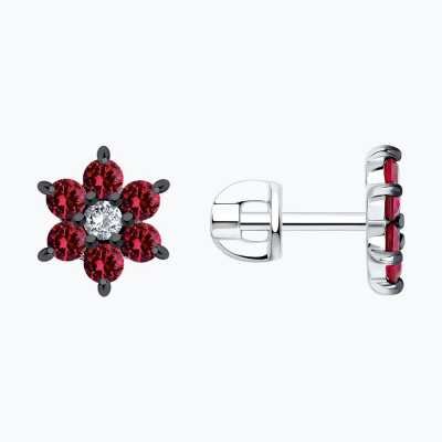 Серьги из серебра, Родированное серебро металл, проба 925, 12  Корунд синт.недраг Круг 2,5 ; 2  Фианит недраг Круг 2,5