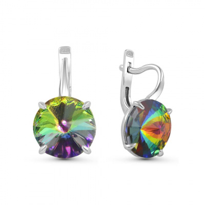 Серьги из серебра, Родированное серебро металл, проба 925, 2 Кристалл Swarovski Мистик Зеленый Круг 12 1,480