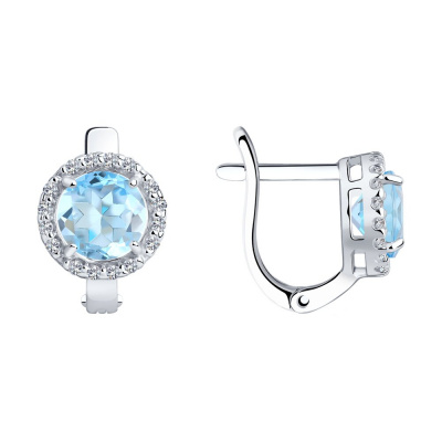 Серьги из серебра, Родированное серебро металл, проба 925, 2   Топаз Круг 6 ; 32   Фианит недраг Круг 1