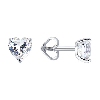 Серьги из золота, Белое золото металл, проба 585, 2   Фианит недраг Сердце 5*5