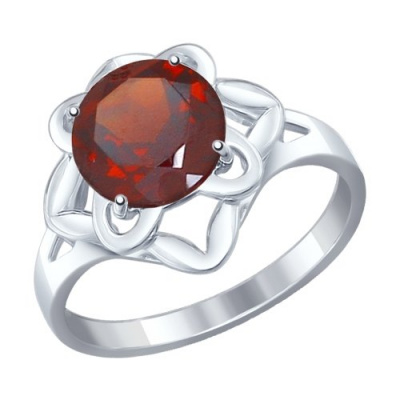 Кольцо из серебра, Родированное серебро металл, проба 925, 1  Гранат Круг 8