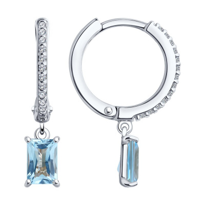 Серьги из серебра, Родированное серебро металл, проба 925, 2  Топаз Багет прямоуг-ый 6*4 ; 26  Фианит недраг Круг 1