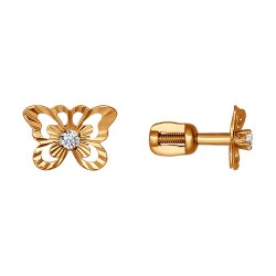 Серьги из золота, Красное золото металл, проба 585, 2   Фианит недраг Круг 1,75, 2  Фианит недраг Круг 1,75