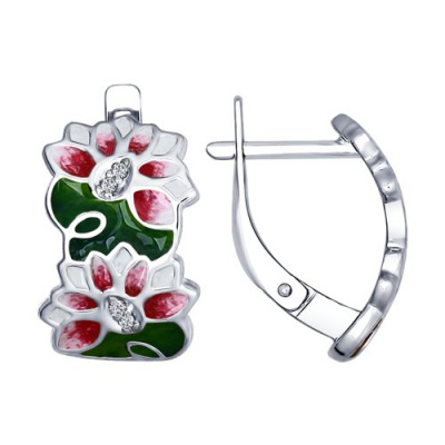 Серьги из серебра, Родированное серебро металл, проба 925, 8  Фианит Круг 1 ; 2  Эмаль  0