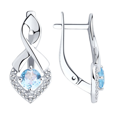Серьги из серебра, Родированное серебро металл, проба 925, 2   Топаз Круг 5 ; 30   Фианит недраг Круг 1