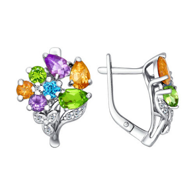 Серьги из серебра, Родированное серебро металл, проба 925, 2  Аметист Груша 6*4 ; 2  Аметист Круг 3,5 ; 2  Топаз Круг 3,5 ; 2  Фианит Круг 1 ; 10  Фиан