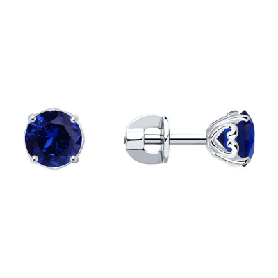 Серьги из серебра, Родированное серебро металл, проба 925, 2  Корунд синт.недраг Круг 6