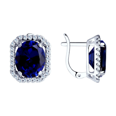 Серьги из серебра, Родированное серебро металл, проба 925, 2   Корунд синт.недраг Овал 11*9 ; 56   Фианит недраг Круг 1,25