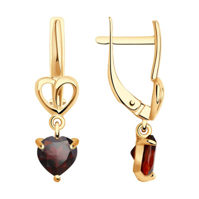 Серьги из золота, Красное золото металл, проба 585, 2 Гранат Сердце 6*6
