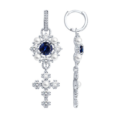 Серьги из серебра, Родированное серебро металл, проба 925, 10   Жемчуг синт.недраг Круг полупросверленный 4 ; 2   Корунд синт.недраг Круг 7 ; 20   Фианит недра