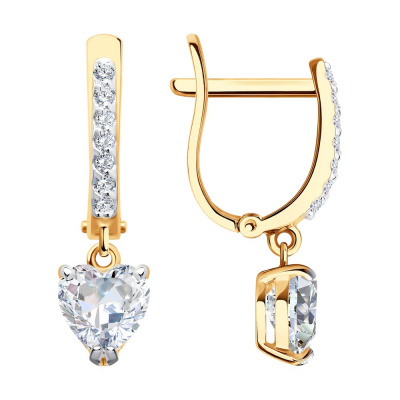 Серьги из золота, Красное золото металл, проба 585, 2  Фианит недраг Сердце 6*6 ; 14  Фианит недраг Круг 1,25