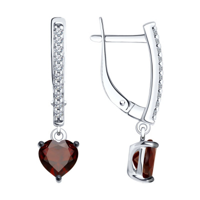Серьги из серебра, Родированное серебро металл, проба 925, 2  Гранат Сердце 6*6 ; 20  Фианит недраг Круг 1,25