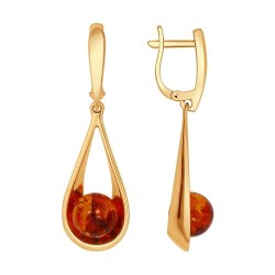 Серьги из серебра, Золочение розовое металл, проба 925, 2  Янтарь пресс. Шар полупросверленный 8