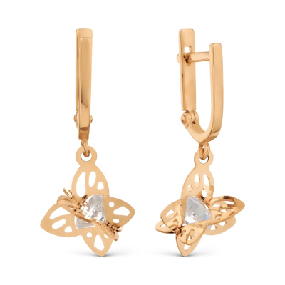 Серьги из золота, Красное золото металл, проба 585, 2 фианит 5,0 Круг#