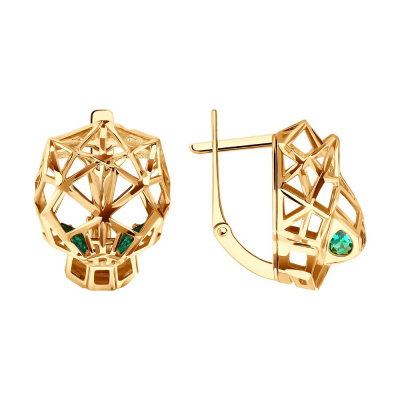 Серьги из золота, Красное золото металл, проба 585, 4  Фианит недраг Груша 4*3 ; 2  Эмаль  0