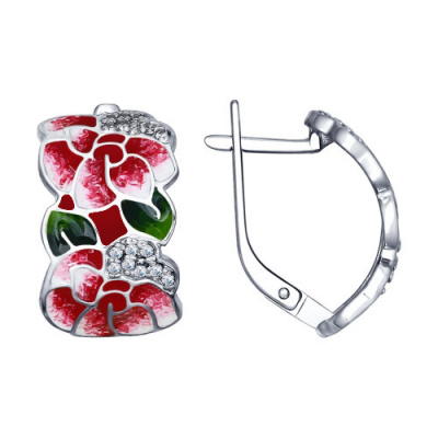 Серьги из серебра, Родированное серебро металл, проба 925, 32  Фианит Круг 1 ; 2  Эмаль  0