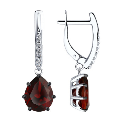 Серьги из серебра, Родированное серебро металл, проба 925, 2   Гранат Груша 10*8 ; 4   Фианит недраг Круг 1 ; 10   Фианит недраг Круг 1,25