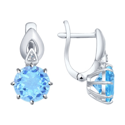 Серьги из серебра, Родированное серебро металл, проба 925, 2  Топаз Круг 8 ; 2  Фианит недраг Круг 1,25