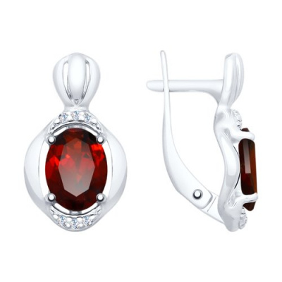 Серьги из серебра, Родированное серебро металл, проба 925, 2  Гранат Овал 8*6 ; 12  Фианит Круг 1