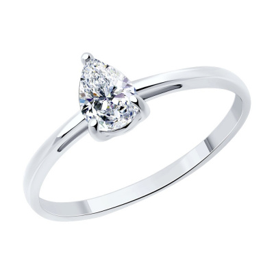 Кольцо из серебра, Родированное серебро металл, проба 925, 1  Кристалл Swarovski недраг Груша 6*4