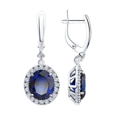 Серьги из серебра, Родированное серебро металл, проба 925, 2   Корунд синт.недраг Овал 11*9 ; 40   Фианит недраг Круг 1,75 ; 2   Фианит недраг Круг 2,25