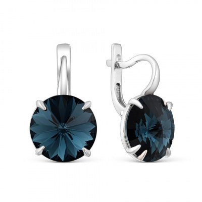 Серьги из серебра, Родированное серебро металл, проба 925, 2 Кристалл Swarovski Австрия тёмно-синий 1,480, 2 Кристалл Премиум Австрия Темно-синий 1,48