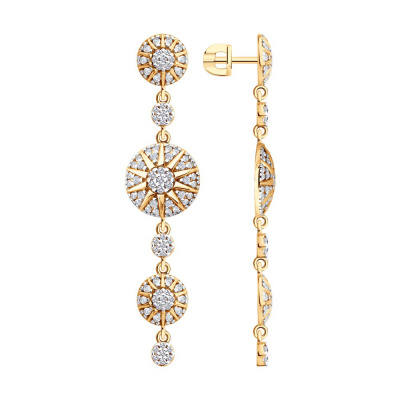 Серьги из серебра, Золочение розовое металл, проба 925, 110   Фианит недраг Круг 1 ; 74   Фианит недраг Круг 1,25