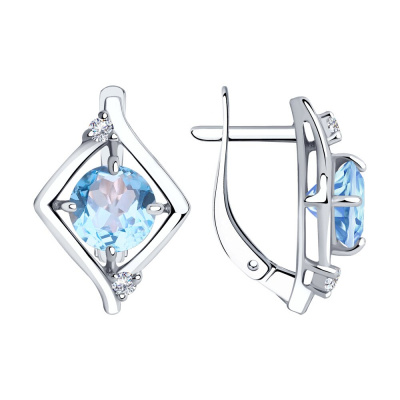 Серьги из серебра, Родированное серебро металл, проба 925, 2   Топаз Круг 7 ; 4   Фианит недраг Круг 2