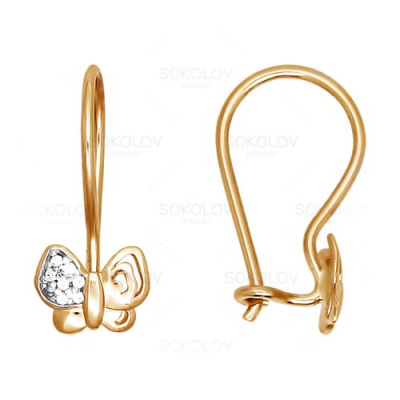 Серьги из золота, Красное золото металл, проба 585, 14   Фианит недраг Круг 0,8, 14  Фианит недраг Круг 0,8