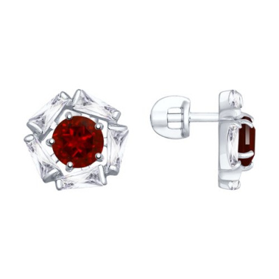 Серьги из серебра, Родированное серебро металл, проба 925, 2  Гранат Круг 6 ; 10  Фианит Трапеция 5*2,5*1,5