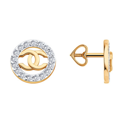 Серьги из золота, Красное золото металл, проба 585, 34   Фианит недраг Круг 1,25, 34  0,112 Фианит недраг Круг 1,25