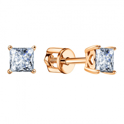 Серьги из золота, Красное золото металл, проба 585, 2 Фиан квадрат 4,00*4,00 0,208 б/цв, 2 Фиан квадрат 4,00*4,00 0,207 б/цв