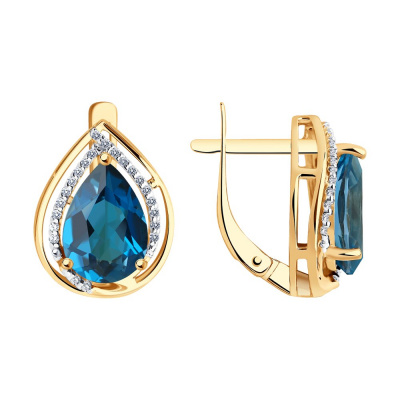 Серьги из золота, Красное золото металл, проба 585, 2  Топаз Груша 10*7 ; 44  Фианит недраг Круг 0,8
